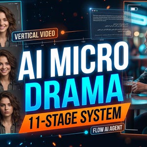 May include: A digital graphic titled AI MICRO DRAMA 11-STAGE SYSTEM featuring a character reference sheet with six portraits of a person with wavy brown hair in a black jacket, alongside a cinematic 9:16 shot of the same person in a cafe.