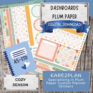 Könnte beinhalten: Ein digitales Download-Set für A5 Standard-Dashboard-Einlagen mit dem Titel Cozy Season von Kare2Plan. Das Set enthält verschiedene Planer-Aufkleber mit herbstlichen Mustern, Kalendern, Trackern und Notizbereichen in Orange, Grün und Creme.