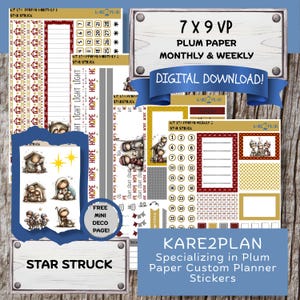 Puede incluir: Un kit de pegatinas de descarga digital para agendas Plum Paper titulado Star Struck, que incluye ilustraciones con temática de natividad, fechas de calendario y tiras decorativas en rojo, dorado y blanco para organizar.