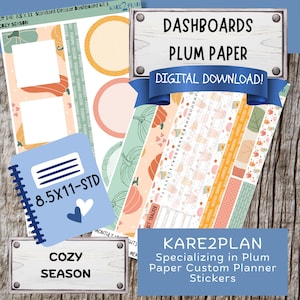 Könnte beinhalten: Ein digitales Planer-Sticker-Set mit dem Titel Cozy Season, das herbstliche Motive wie Kürbisse und Blätter in Orange, Grün und Creme zeigt. Das Set enthält funktionale Dashboard-Elemente, Gewohnheits-Tracker und Datumsstreifen für 8,5 x 11 Zoll Seiten.