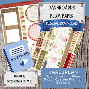 Könnte beinhalten: Ein digitales Planer-Sticker-Set mit dem Titel Apple Picking Time, bestehend aus 21,59 x 27,94 cm großen Bögen mit herbstlichen Motiven, Holzmaserungen, Apfelillustrationen, Checklisten und Textetiketten wie Fall Memories und Crisp Air.