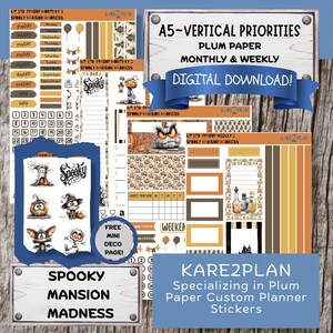 May include: A digital download sticker kit titled Spooky Mansion Madness for A5 vertical planners. The set includes orange, brown, and black themed stickers featuring pumpkins, ghosts, bats, and skeletons, along with functional labels and calendars.