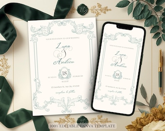 Invito di nozze ispirato a Bridgerton / Invito vintage in stile Regency / Cartolina stampabile e digitale per dispositivi mobili in stile barocco verde / Modello Canva