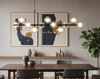 Linear Glass Globe Chandelier | Modern Black Dining Light | Contemporary Kitchen Island Pendant