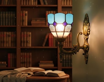 Applique murale en vitrail Tiffany | Applique murale en bronze antique | Luminaire victorien Art nouveau