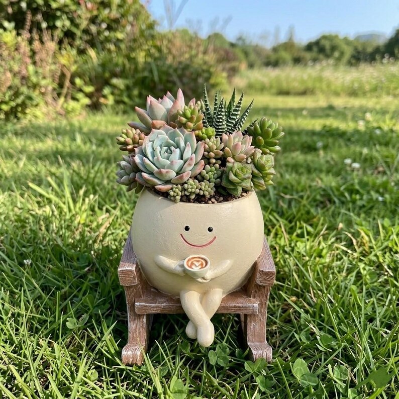 Smiling Cartoon Character on Rocking Chair Figurine, Whimsical Resin ...