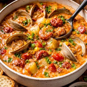 Puede incluir: Una cremosa sopa de mariscos en un cuenco blanco, con almejas, patatas, maíz y salchichas. Adornada con perejil fresco. Servida con pan y rodajas de limón sobre una superficie de madera. Una comida abundante y sabrosa.