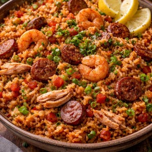 Könnte beinhalten: Nahaufnahme einer Schüssel mit Jambalaya. Das Gericht besteht aus Reis, Garnelen, Wurst und Hühnchen, garniert mit Frühlingszwiebeln und Zitronenspalten. Die Zutaten sind mit einer Tomatensoße vermischt.