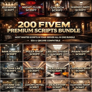 Op de afbeelding: Een promotieafbeelding voor een bundel van 200 premium FiveM-scripts. De afbeelding toont verschillende scènes, waaronder een nachtclub, kerk en autodealer. Tekst bevat "Elevator Script", "Night Club Script" en "200 FiveM Premium Scripts Bundle."