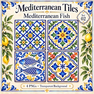 May include: A digital graphic set titled Mediterranean Tiles Mediterranean Fish Set 02 featuring four square tile designs with blue, yellow, and green floral and fish patterns, framed by lemon branches with yellow lemons and white blossoms.