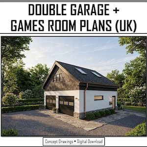 May include: Architectural rendering of a double garage with a games room, featuring a white exterior with black garage doors and a brown shingled roof. The image includes the text "DOUBLE GARAGE + GAMES ROOM PLANS (UK)".