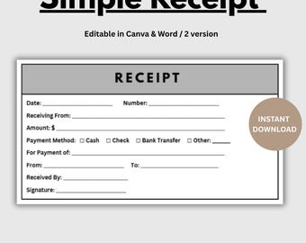 Plantilla de recibo editable, recibo comercial sencillo, recibo de venta en PDF, recibo digital, recibo de alquiler, recibo de cliente imprimible