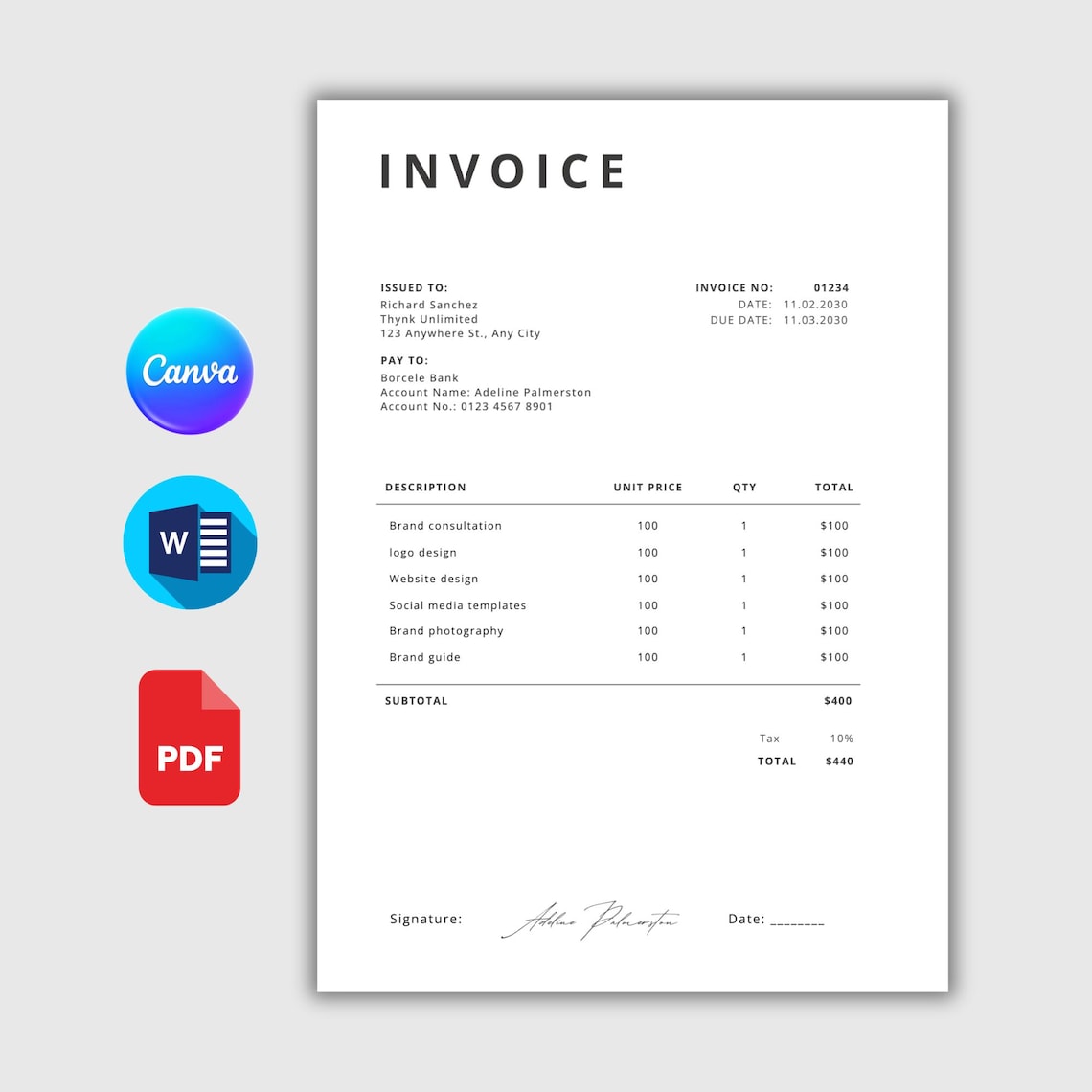 EDITABLE Invoice Template. Printable Invoice Word. Custom Invoice Form ...