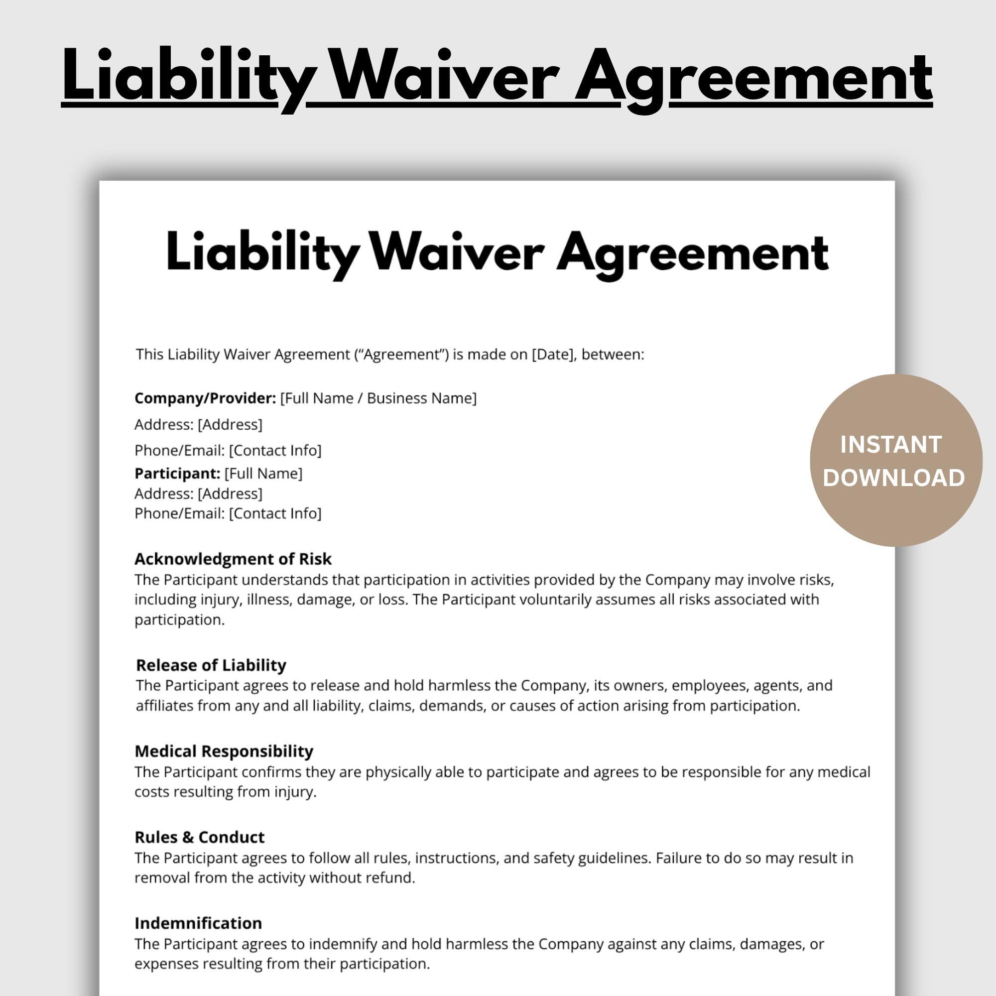Liability Waiver Agreement, Editable Release of Liability Form Template ...