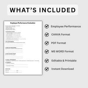 Employee Performance Evaluation Template. Employee Performance Review. Printable Human Resources Form. Editable, MS Word, Canva. Instant PDF