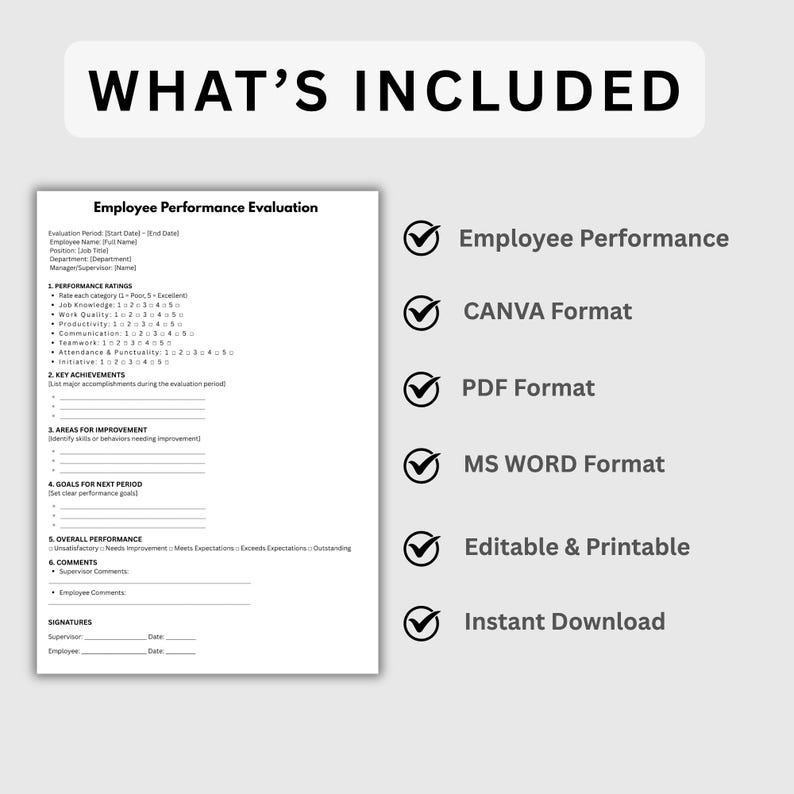 Employee Performance Evaluation Template. Employee Performance Review. Printable Human Resources Form. Editable, MS Word, Canva. Instant PDF