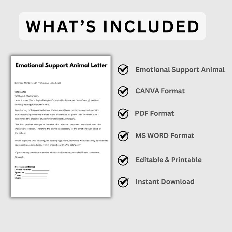 Emotional Support Animal Letter, ESA Housing Travel Template (digital ...