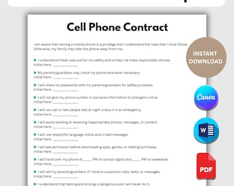 Plantilla de contrato para teléfono móvil: Reglas familiares imprimibles, editables en MS Word y Canva. Descarga instantánea en PDF.