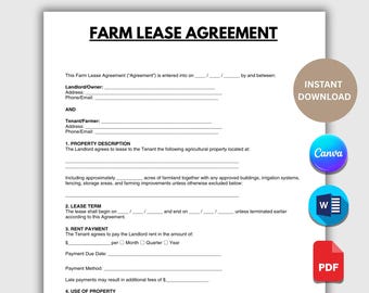 Contrato de arrendamiento agrícola editable, formulario de arrendamiento de tierras agrícolas, contrato de alquiler de tierras agrícolas imprimible, compatible con Canva y Word. Descarga instantánea en PDF.