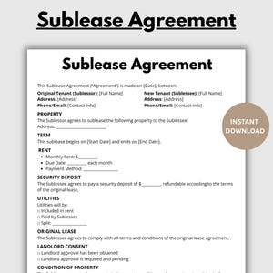 Könnte beinhalten: Ein weißes Dokument mit dem Titel „Untermietvertrag“ mit schwarzem Text. Das Dokument enthält Abschnitte für Mieterinformationen, Immobiliendetails, Miete, Kaution und Nebenkosten. Eine kreisförmige Grafik „Sofort-Download“ befindet sich auf der rechten Seite.