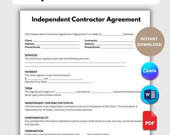 Plantilla de contrato de contratista independiente. Contrato comercial. Contrato de contratista independiente. Formulario de contrato. Editable en Canva y Word.