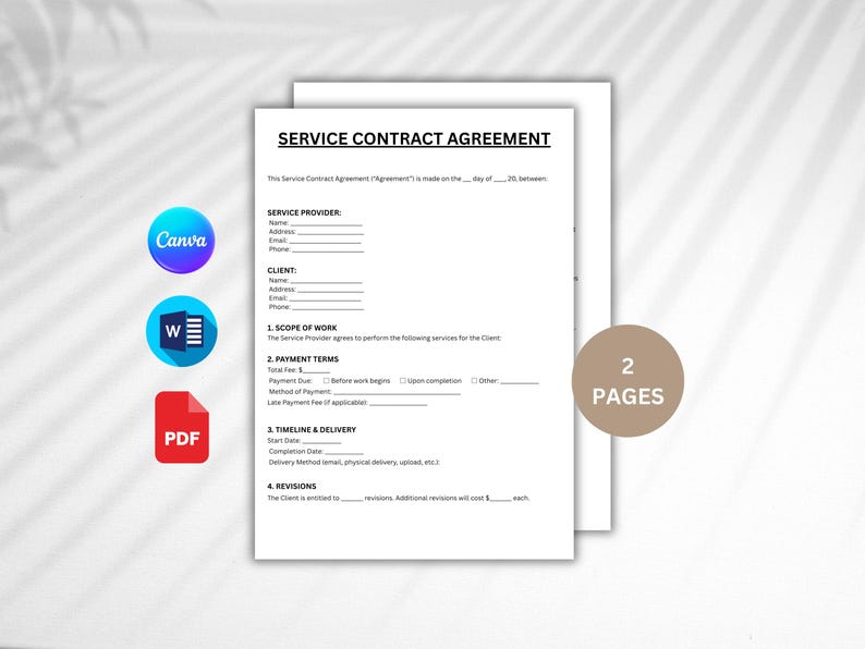 Editable Service Contract Template, Agreement Form (word, Canva, PDF ...