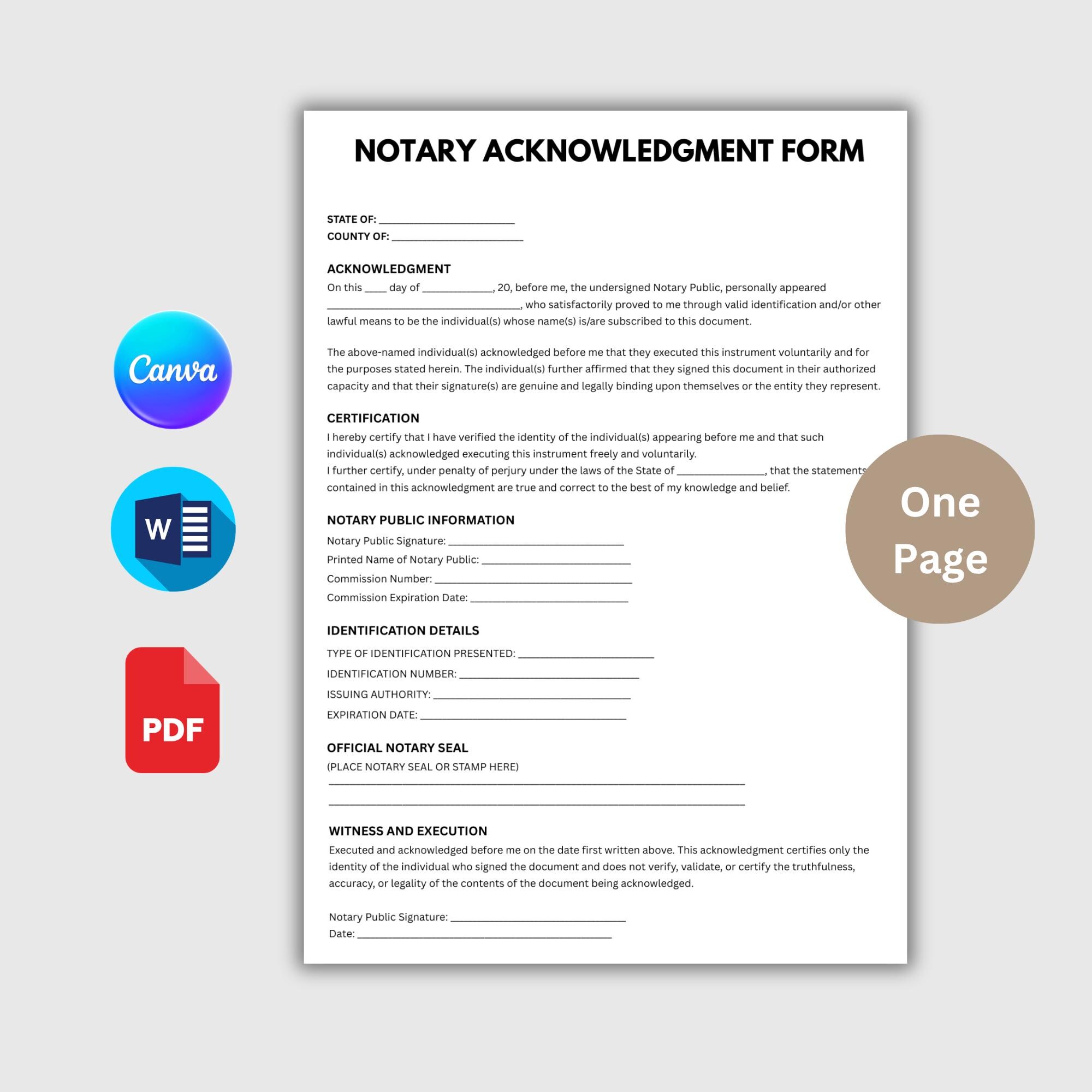 One Page Notary Acknowledgment Form | Editable Canva & Word US Notary ...