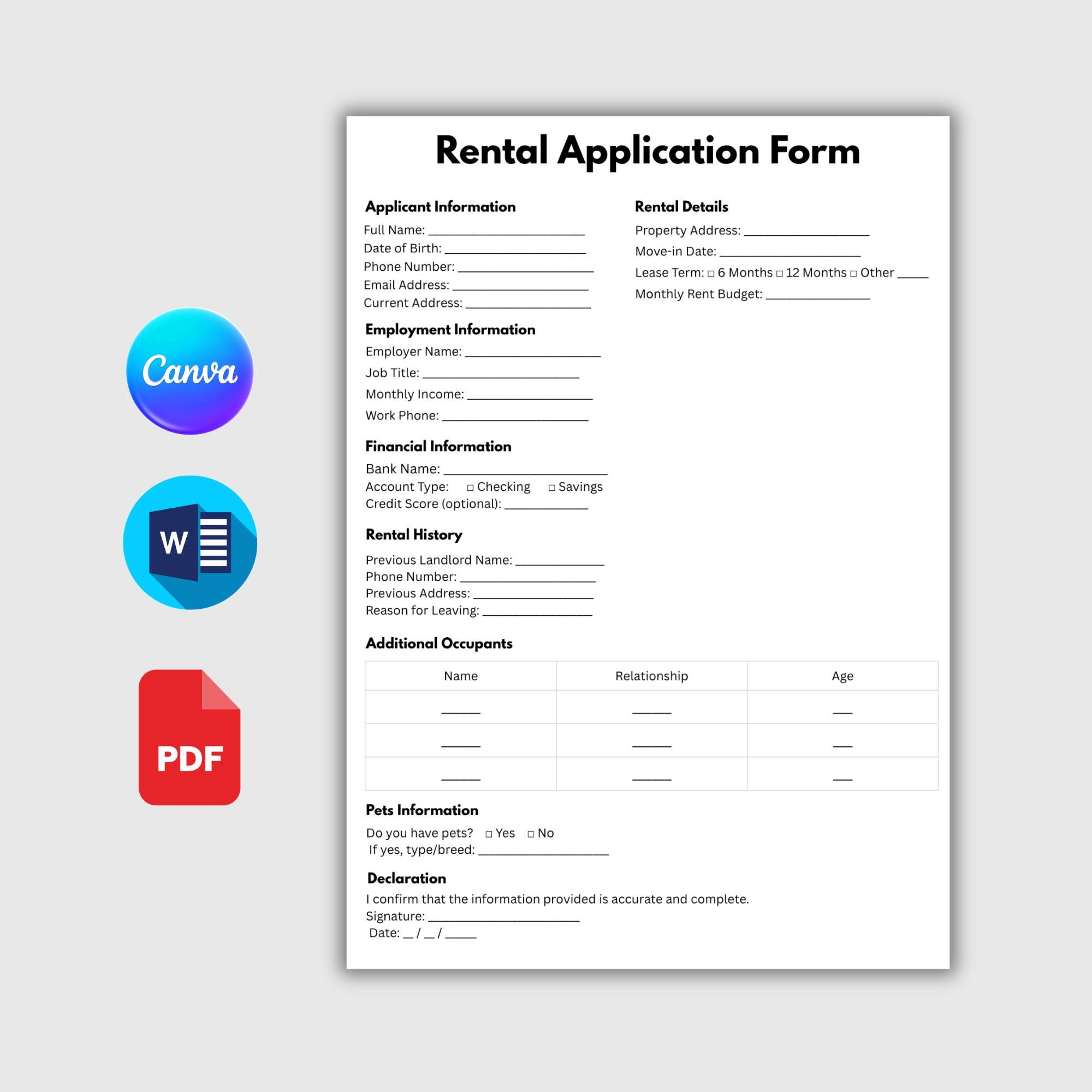 Printable Rental Application Form. Landlord Rental Application. Tenant ...