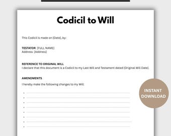 Editable Codicil to Will, Editable Will Codicil Form Template Canva, Printable Testament Form, Last Will Testament Codicil Contract Document