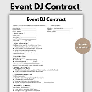 May include: A white Event DJ Contract template with black text. The document includes sections for event details, services provided, payment terms, cancellation policy, and client responsibilities. An "Instant Download" graphic is in the corner.