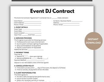 Plantilla de contrato para DJ de eventos, contrato para DJ de bodas, contrato de servicios de DJ, formulario de contrato para DJ editable, contrato de contratista independiente