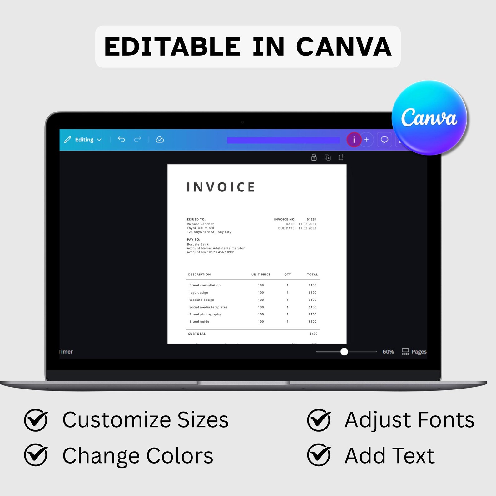 EDITABLE Invoice Template. Printable Invoice Word. Custom Invoice Form ...