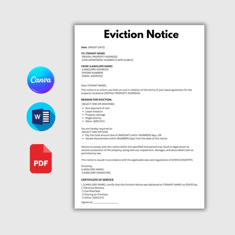 Editable Eviction Notice. Lease Termination Form. Printable Notice to ...