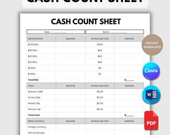 Cash Count Sheet Template | Daily Cash Tracking Log | Printable Cash Denomination Form | Editable Cash Reconciliation Sheet | Canva & Word