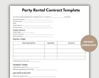 Plantilla de contrato de alquiler para fiestas: Acuerdo de alquiler de equipos, editable en Microsoft Word y Canva. Descarga instantánea en PDF.