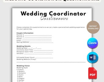 Wedding Coordinator Questionnaire Canva and MS Word Template for Planners Day Of Coordinators and Bridal Timeline Prep, Instant Download PDF
