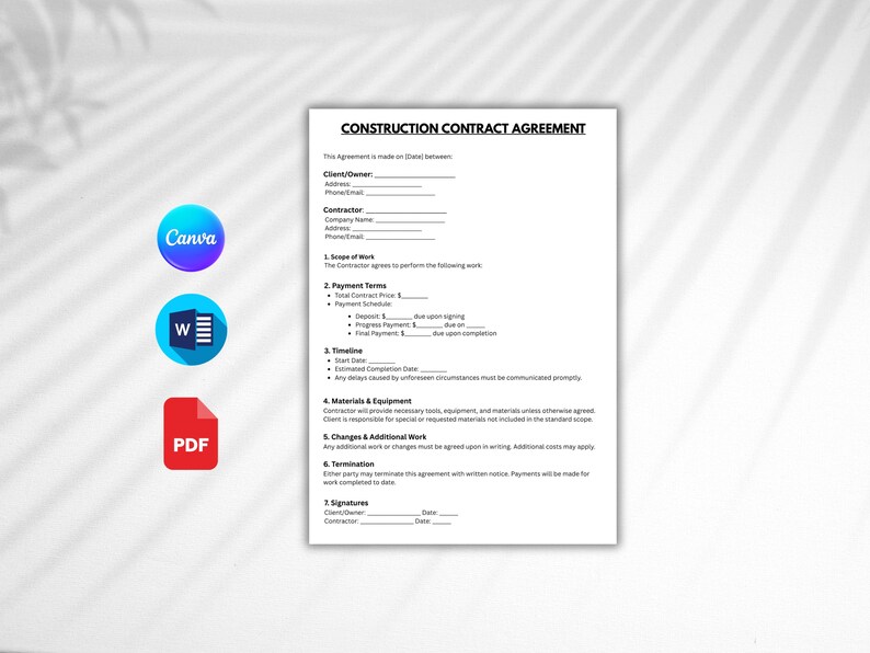 Editable Construction Contract Agreement Template (digital Download) - Etsy