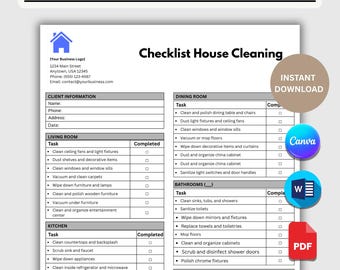 Lista de verificación para la limpieza de casas residenciales / Editable en PDF, Canva y Microsoft Word / Herramienta para servicios de limpieza profesionales / Descarga instantánea