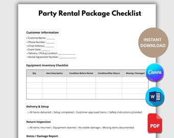 Lista de verificación para paquetes de alquiler de artículos para fiestas (PDF) / Listas de verificación de inventario y devolución de equipos para empresas de alquiler de artículos para eventos (editable en Canva y Word).