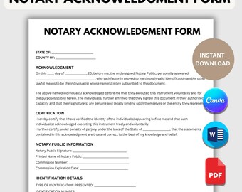 Formulario de reconocimiento notarial de una página / Plantilla de notario estadounidense editable en Canva y Word / PDF imprimible en formato A4 y Carta estadounidense (descarga instantánea)