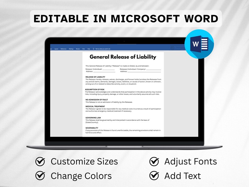 Editable General Release of Liability Form (instant Download) - Etsy