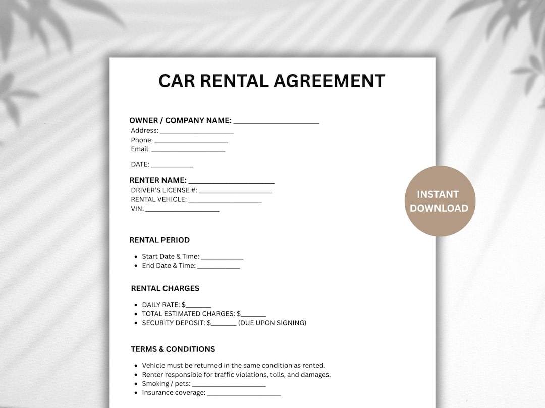 Editable Car Rental Agreement Template, One Page Vehicle Lease Form ...