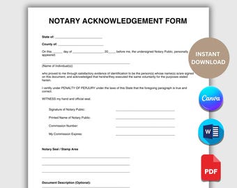 Formulario de reconocimiento notarial / Carta notarial imprimible y plantilla de notarización / Documento notarial editable / Descarga digital en PDF
