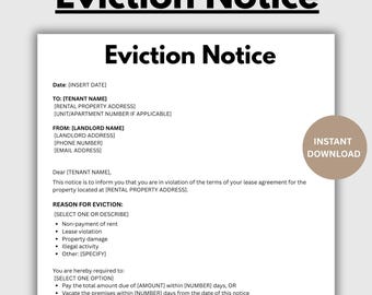 Aviso de desalojo editable. Formulario de rescisión de contrato de arrendamiento. Plantilla imprimible de aviso de desalojo. Aviso del propietario al inquilino para que desocupe la propiedad. Descarga instantánea.