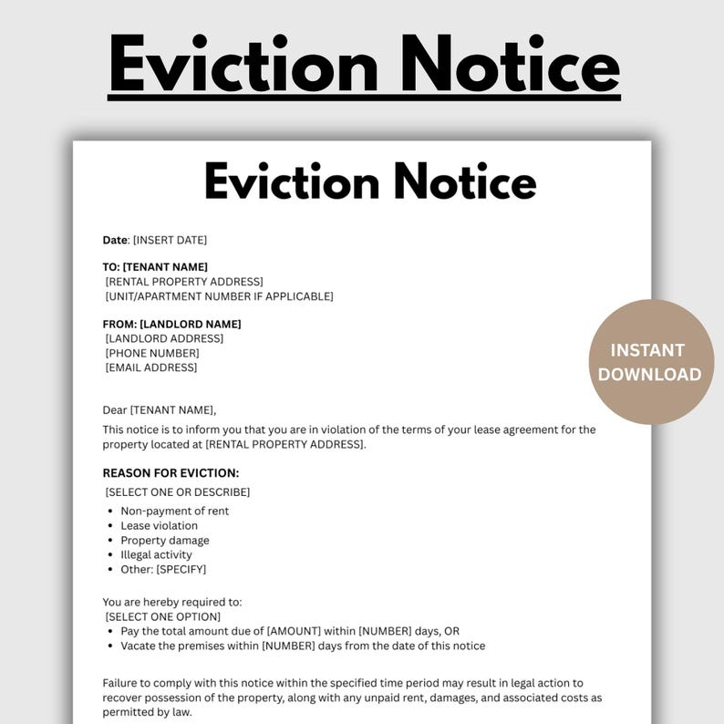 Editable Eviction Notice. Lease Termination Form. Printable Notice to ...