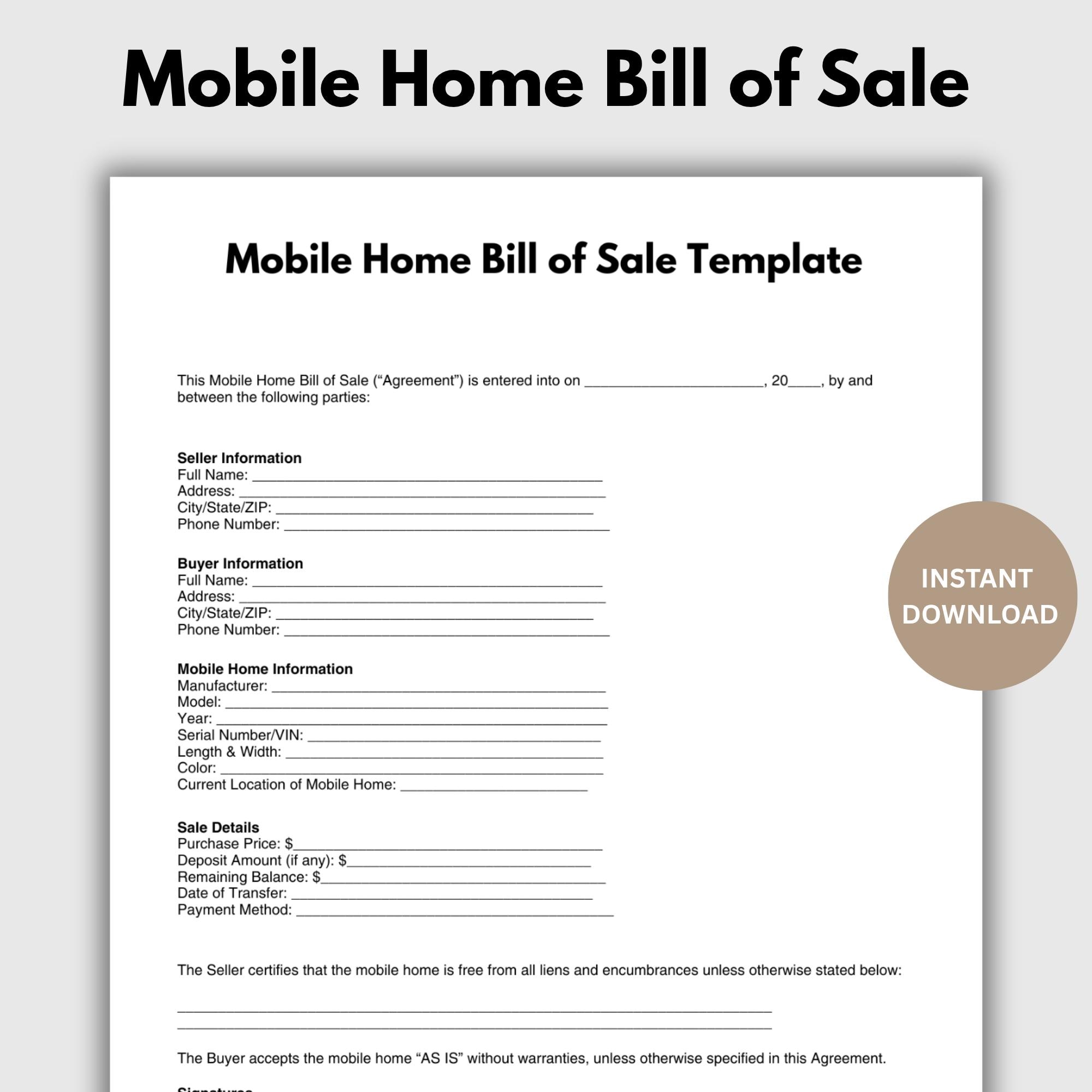 Mobile Home Bill of Sale Template, Editable Manufactured Home Sale Form PDF, Trailer Title Transfer, Printable Property Sale Contract PDF