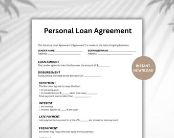 Personal Loan Agreement, Promissory Note, Editable Contract Template (Digital Download)
