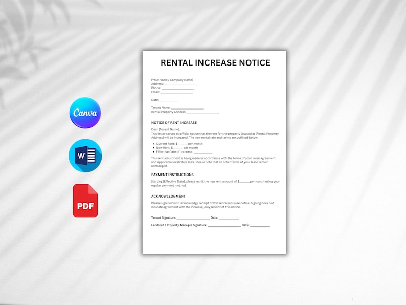 Landlord Rent Increase Forms.pdf Editable Rental Increase Notice Form (word, PDF, Canva) - Etsy