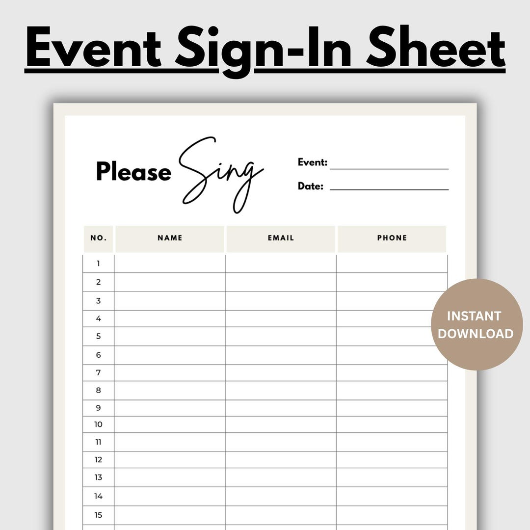 Event Sign In Roster Event Sign-in Sheet Template Printable PDF, Event Sign up Sheet, Sign ...