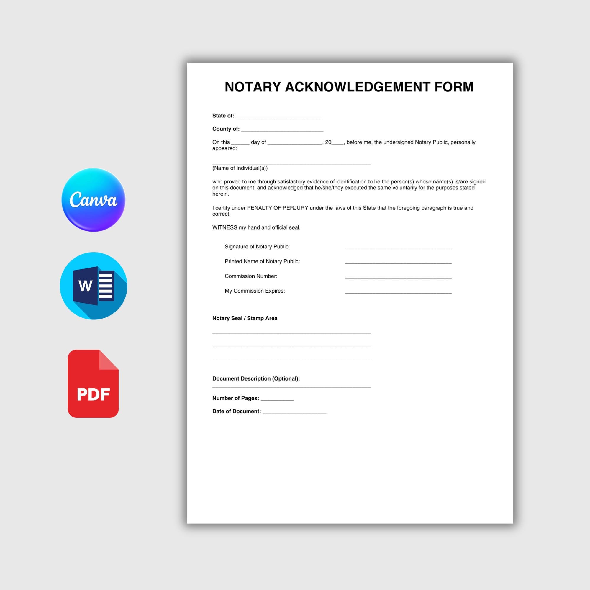 Sample Standard Notary Format Notary Acknowledgement Form | Printable Notary Letter & Notarization ...